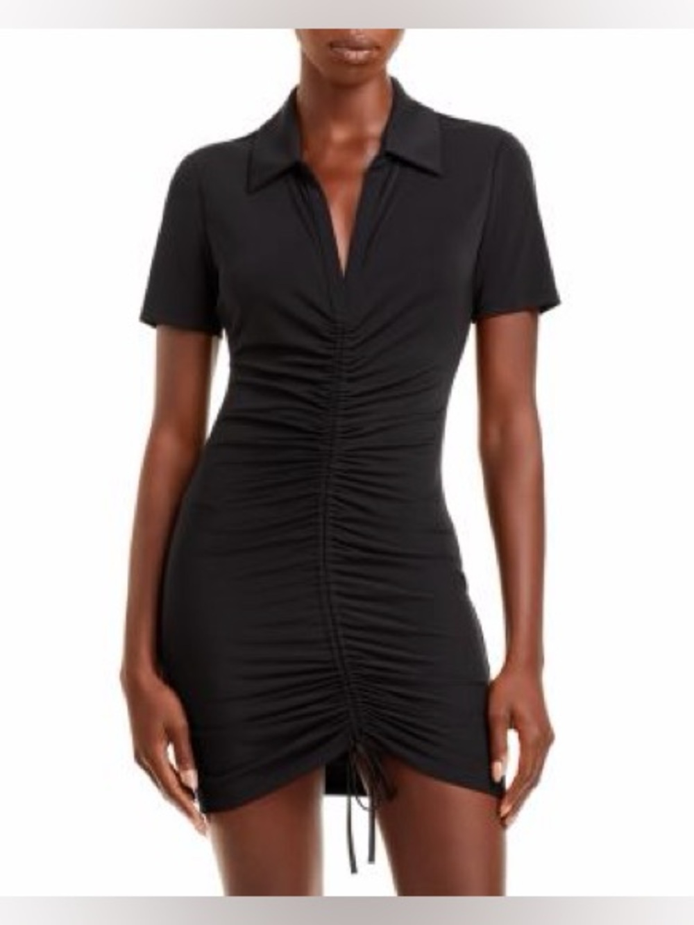 Alice + Olivia Black V-Neck Marsha Rucched Polo Tee Dress Size Large